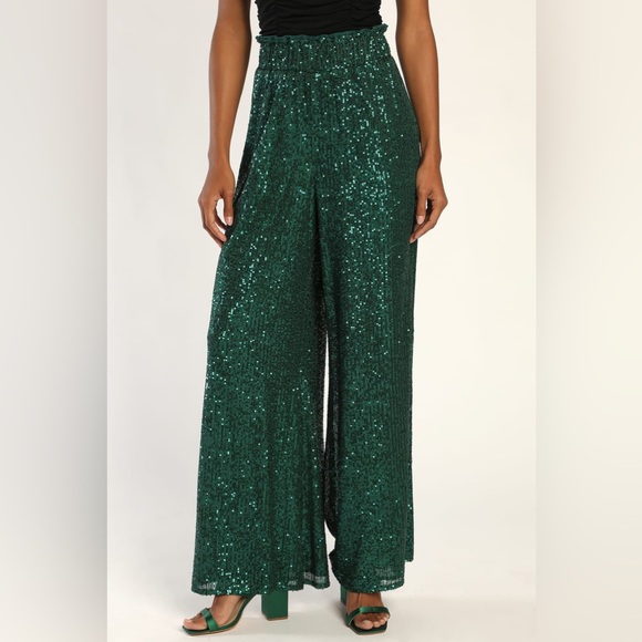 Lulus Pants - Lulu's Emerald Green Sequin Wide Leg Jumpsuit Pants